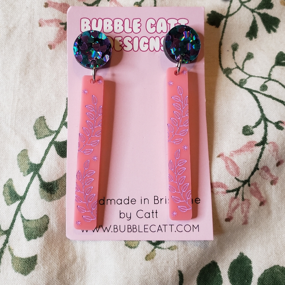 NWT Floral Pink Dangle Earrings - Bubble Catt Designs, Acrylic, Handmade